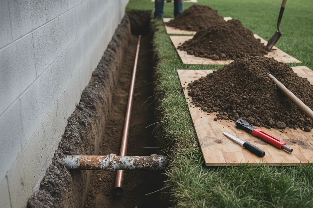 Excavated water line trench during Water Softener Installation in Lakeport